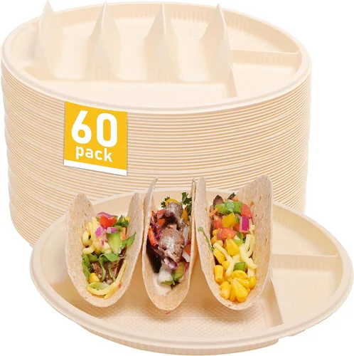 Vista 12 de Platos pequeños desechables para tacos con lados para mojar - Paquete de 100, porta tacos de almidón de maíz biodegradable, tamaño mini