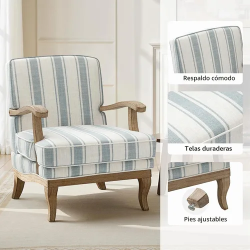 Vista 3 de HULALA HOME Silla decorativa a rayas de granja con patas de madera maciza Azul