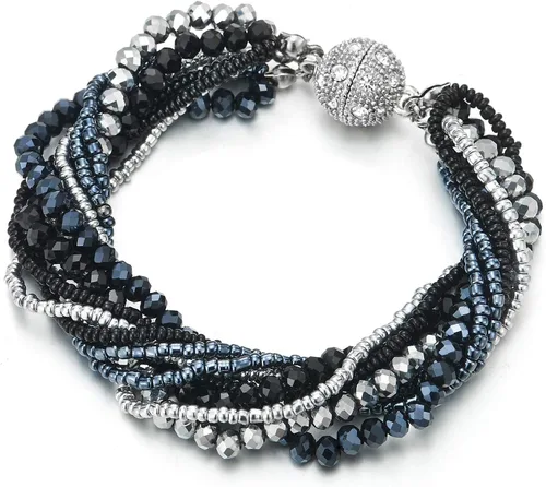 Vista 8 de COOLSTEELANDBEYOND Crystal Beads Multi-Strand Bracelet with Rhinestone Ball Charm Magnetic Clasp A-Color: plata y negro