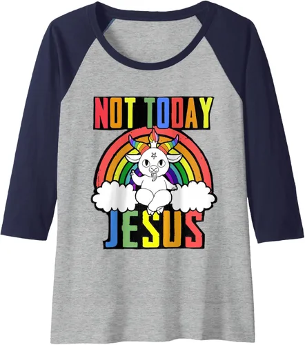 Vista 5 de Not Today Jesus - Camiseta de béisbol raglán con diseño de Baphomet LGBTQ, Negro, S