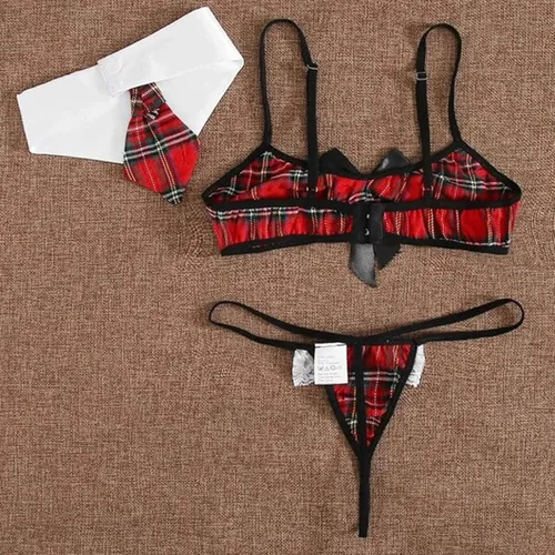 Vista 4 de Women Sexy Lingerie 3PC Lace Plaid Bra Thong Halter Uniform Pajamas Set