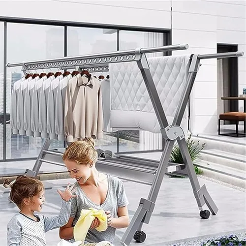 Vista 2 de Multi-Purpose Laundry Drying Rack Foldable, Stainless Steel Clothes Drying Stand with Adjustable Rods, Ideal for Indoor Outdoor Use