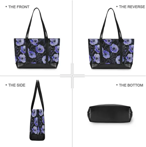 Vista 5 de Arte púrpura anémona flor negro esencial bolsa de computadora para las mujeres con cremallera bolsa de mano para viajeros con mujeres trabajo