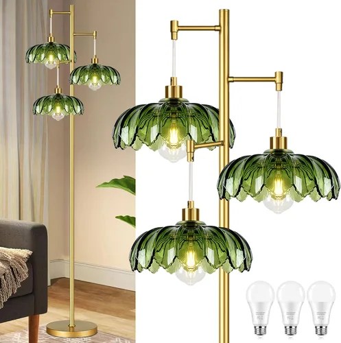 Vista 9 de ZECOXOL Lámparas de pie doradas para sala de estar dormitorio - Lámpara de pie de vidrio de 3 luces con tres bombillas LED, lámpara de pie alta