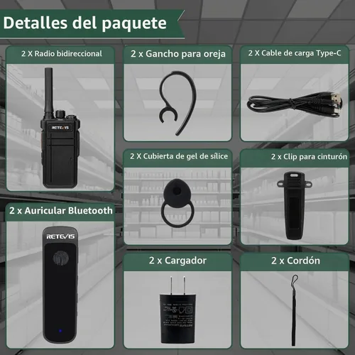 Vista 8 de Retevis RB37 - Radios de negocios bidireccionales Bluetooth con auricular inalámbrico, paquete de 2 Portable FRS Two Way Radios, 2000mAh Long