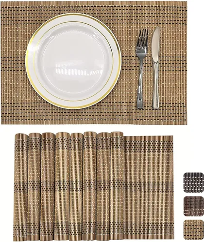 Vista 10 de Juego de 8 manteles individuales de bambú natural antideslizantes, lavables, resistentes al calor, para comedor y cocina (beige)