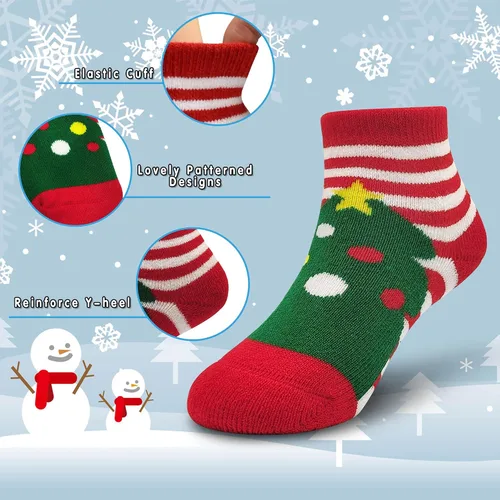 Vista 3 de SPTRAMLE Calcetines de Navidad para niños recién nacidos para niñas y niños 0-9 años 6 pares de calcetines navideños para bebés