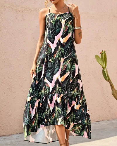 Vista 3 de BTFBM Vestidos casuales de verano para mujer, 2023, tirantes delgados, sin mangas, estampado con volantes, bohemio, vestido largo para playa