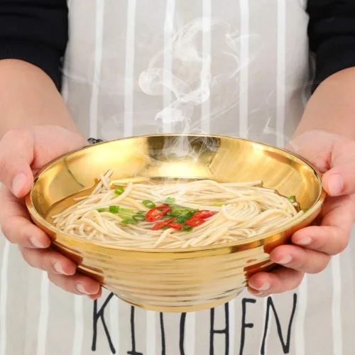 Vista 4 de Juego de tazones de sopa de fideos japoneses para ramen, 2 juegos (7.09 pulgadas) dorado de doble capa de acero inoxidable 18/8 con palillos y Oro