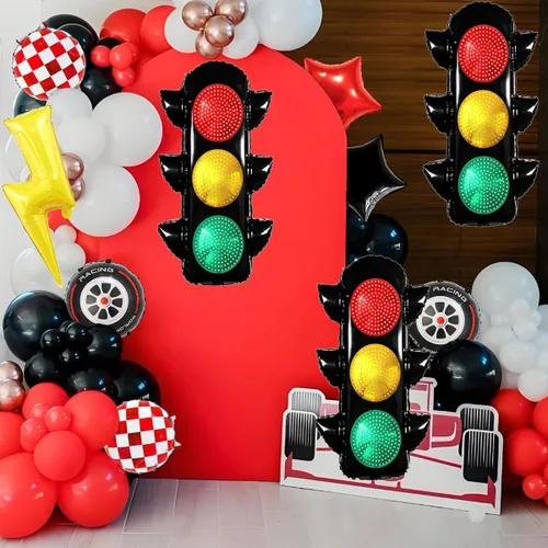 Vista 2 de 6 globos de carreras para decoración de fiesta de cumpleaños, globos de semáforo de 32 pulgadas para suministros de fiesta de cumpleaños