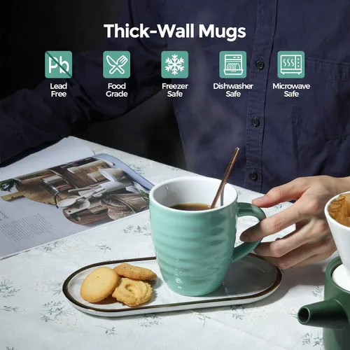 Vista 5 de ComSaf Juego de 6 tazas de café de cerámica, taza de café grande de 15 onzas, taza de té para oficina y hogar, taza de porcelana con asa