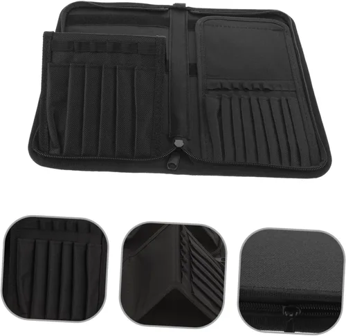 Vista 5 de DOITOOL Elegante soporte para brochas de maquillaje de lona, organizador de 15 bolsillos para cosméticos ordenados, negro, 11.8 x 11.0 in