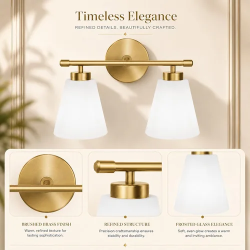 Vista 3 de Hamilyeah Lámpara de tocador de baño dorada con pantalla de vidrio esmerilado, 2 lámparas de tocador sobre espejo, 2 lámparas de pared para baño