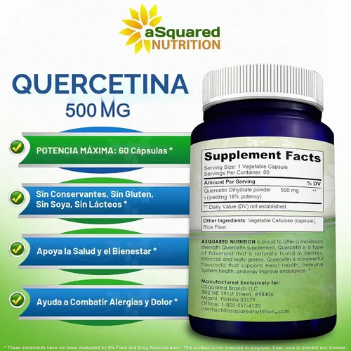 Vista 5 de aSquared Nutrition - Suplemento de Quercetina 500 mg – 60 Cápsulas – Píldoras de Polvo Complejo de Quercetina Dihidrato para Apoyar la Respuesta