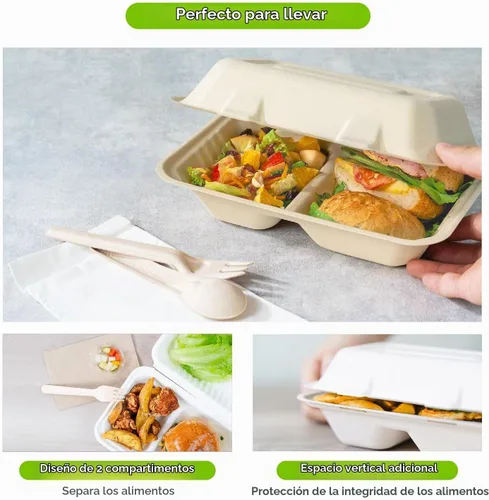 Vista 4 de KARAT EARTH Clamshell - Recipientes de alimentos para llevar [9 x 9 pulgadas, 200 unidades] 3 compartimentos Contenedores compostables