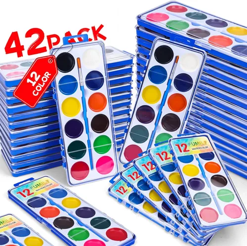 Vista 9 de Juego de 100 pinturas de acuarela para niños, 12 colores de acuarelas con pincel, juego de pintura de acuarela para niños para recuerdos de fiesta
