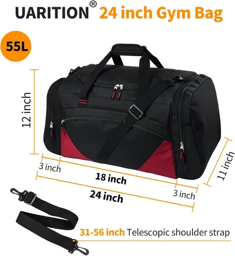 Vista 4 de Bolsa de gimnasio para hombre, 21 pulgadas, grande, para viajes y deportes, negro rojo, Bolsa de gimnasio para hombre