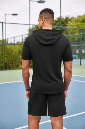 Vista 4 de COOFANDY Conjunto deportivo de 2 piezas con capucha para hombre, manga corta, casual, deportivo, con capucha y pantalones cortos