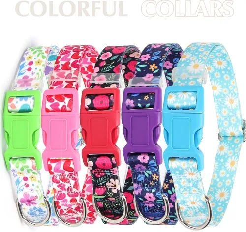 Vista 4 de Lindo collar de perro con patrones de flores verdes para perros machos y hembras, collares ajustables y cómodos para perros XS, pequeños, medianos