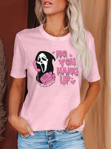 Vista 4 de Camiseta de Halloween para mujer, con texto en inglés "No You Hang Up", divertida camiseta gráfica de cara de fantasma, camisetas de manga corta