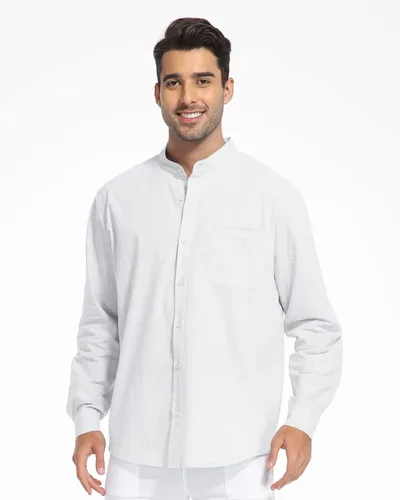 Vista 5 de Camisas de algodón y lino de manga larga para hombre, con botones, para playa, yoga, informal, para verano