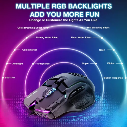 Vista 5 de WolfLawS Mouse para juegos con cable mouse USB para computadora y juegos con 12 modos retroiluminados RGB ajustable de alta precisión de 12800 DPI