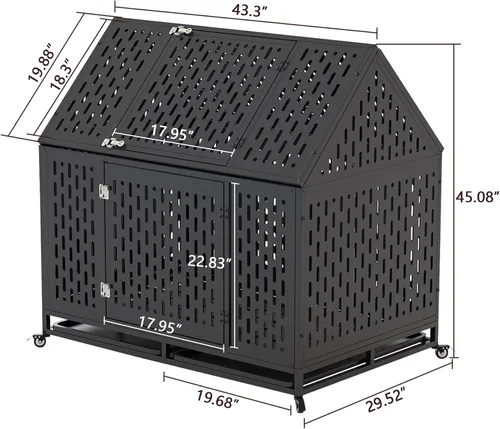 Vista 6 de Jaula para perros resistente de 43 pulgadas, perrera de metal para perros grandes, jaula grande para perros con 2 puertas, 4 ruedas con cerradura
