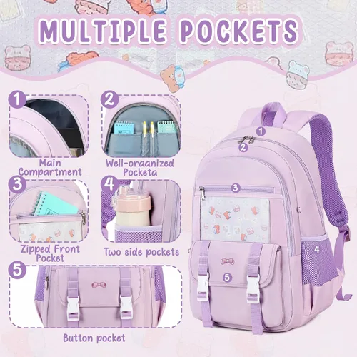 Vista 5 de Bluboon Mochila para niñas y niños con lonchera de mármol para escuela escolar para jardín de infantes y escuela primaria, Púrpura, Mochilas Daypack