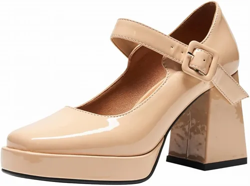 Vista 7 de Zapatos de tacón grueso con plataforma para mujer, punta cuadrada, Mary Janes pumps de tacón de bloque Negro