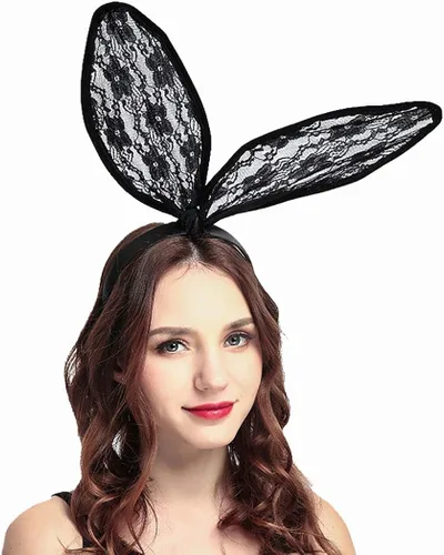 Vista 5 de Aceorna Diadema de encaje sexy con orejas de conejo color negro para Halloween discotecas máscaras Navidad