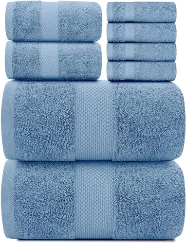 Vista 3 de White Classic Juego de 2 toallas de baño de lujo azul claro de 22 x 34 pulgadas y 8 toallas