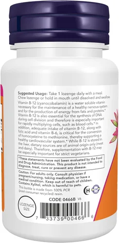 Vista 3 de Suplementos NOW Vitamina B-12 1,000 mcg con ácido fólico, salud del sistema nervioso*, 100 pastillas masticables