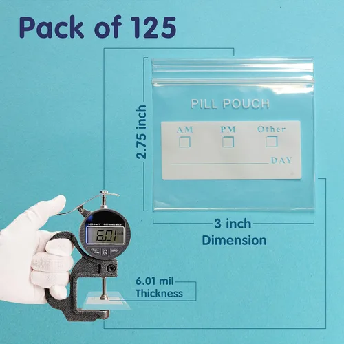 Vista 4 de 125 Paquetes de Bolsas Resistentes para Pastillas de 6 Mil Sin BPA, Bolsa para Pastillas de 3 x 2.75 Pulgadas con Etiqueta Escribible, Sello