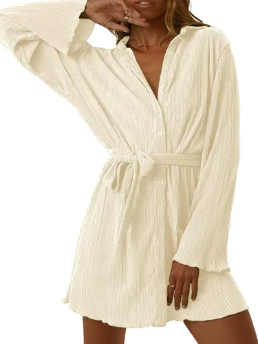 Vista 4 de LYANER Vestido camisero mini plisado de manga larga con cuello en V abotonado para mujer con cinturón