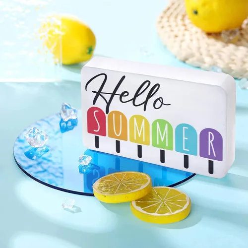 Vista 8 de Letrero de bandeja escalonada con texto en inglés «Hello Summer» – Letrero envejecido, decoración rústica, mini letrero, decoración de granja