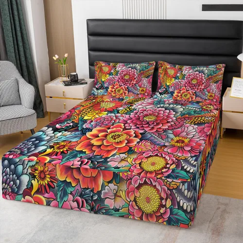 Vista 41 de Falda de cama individual de girasol, flores soleadas con esquinas divididas, faldas de cama bohemias florales amarillas, falda de cama para plantas