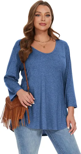 Vista 5 de BELAROI Camiseta básica de manga 34 con cuello en V para mujer, talla grande, holgada, con bolsillo