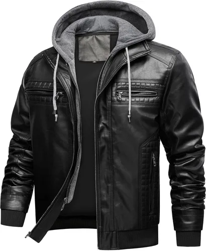 Vista 10 de INVACHI Men's Faux Leather Jacket, Motorcycle Bomber with Removable Hood Un negro