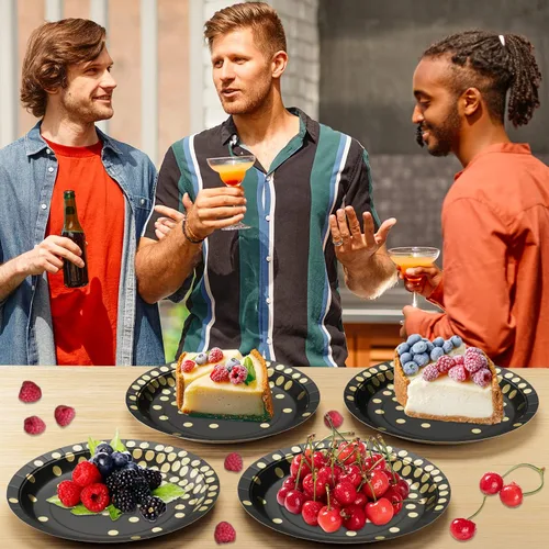 Vista 7 de DYLIVeS Plato de papel, paquete de 80 lunares negros y dorados, platos desechables de 7 pulgadas, redondo, casual, para todas las estaciones