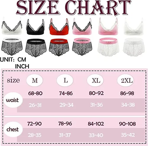 Vista 4 de QiaTi Lencería de encaje para hombre Sissy Crossdressing, ropa interior con brasier, ropa interior traslúcida, traje de bikini para dormir