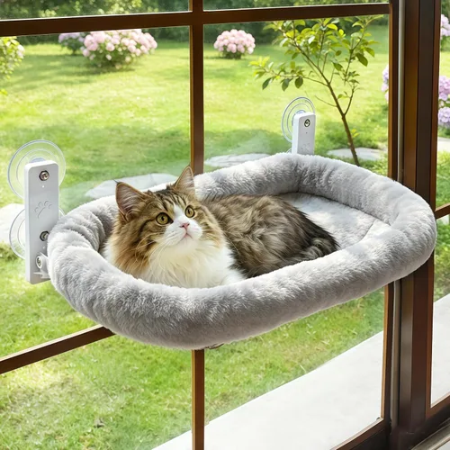 Vista 10 de AMOSIJOY Percha de Ventana Inalámbrica para Gato, Hamaca para Gato para Pared con 4 Ventosas, Ancla y Tornillo para Dos Formas de Instalación