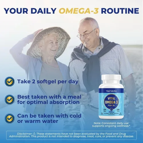 Vista 5 de Vital Omega 3 Suplementos de aceite de pescado de 2400 mg 864 mg de EPA y 576 mg de DHA 1440 mg de ácidos grasos omega-3 totales Promueve