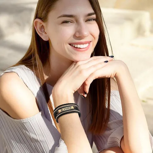 Vista 6 de Long tiantian Pulseras de cuero para mujer, pulseras de moda para mujer, pulsera apilable de cruz para mujer, pulseras de múltiples capas