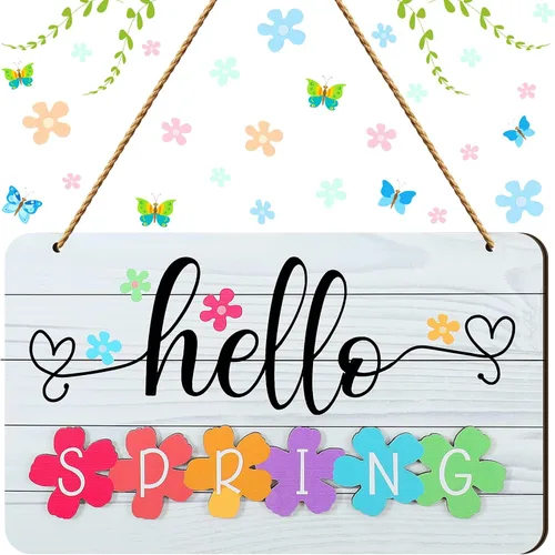 Vista 11 de Letrero de verano con texto en inglés «Hello Summer» para puerta delantera, decoración de bienvenida, letrero colgante para puerta de casa de campo
