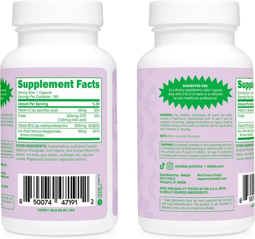 Vista 2 de Wellah Suplemento de hierro para mujeres (65 mg) 180 cápsulas