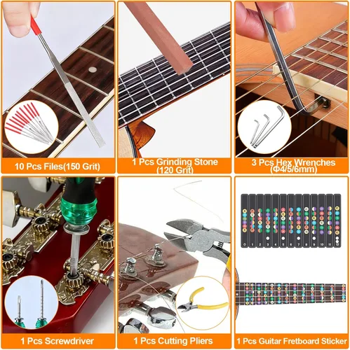 Vista 4 de Kit de herramientas de guitarra de 146 piezas, kit de reparación profesional de guitarra, kit de mantenimiento de guitarra con accesorios