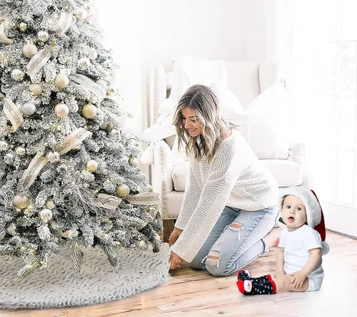 Vista 3 de yuboo Falda de árbol de Navidad bohemia de piel, 48 pulgadas, Minky Couture, moderna alfombra de árbol gris para decoración y adornos bohemios