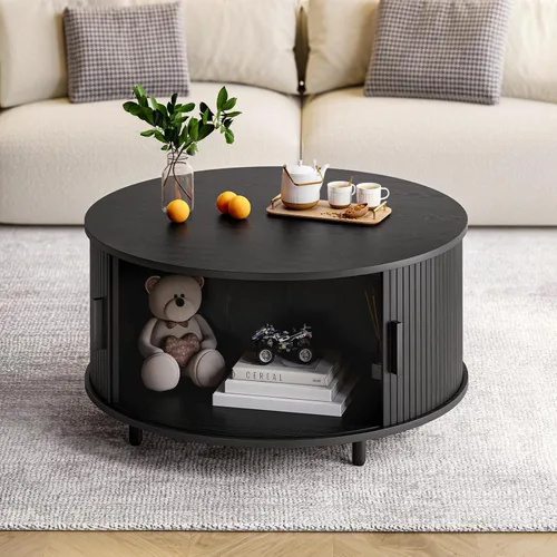Vista 6 de ONBRILL Mesa Redonda de Café con Almacenamiento, Mesa Moderna de Café de 31.5" con Puerta Deslizante Curvada de 360°, Mesa Redonda de Centro