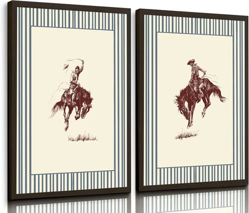 Vista 10 de 2 piezas de arte de pared de vaquero occidental, cuadros de decoración de pared de vaqueros a rayas sobre caballos, impresiones de pósters de lienzo