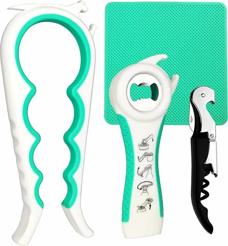 Vista 11 de Abrebotellas y abrebotellas para personas mayores con artritis, manos débiles, 4 piezas Multi-use Lid Opener Set with Non-slip Rubber Gripper Pad